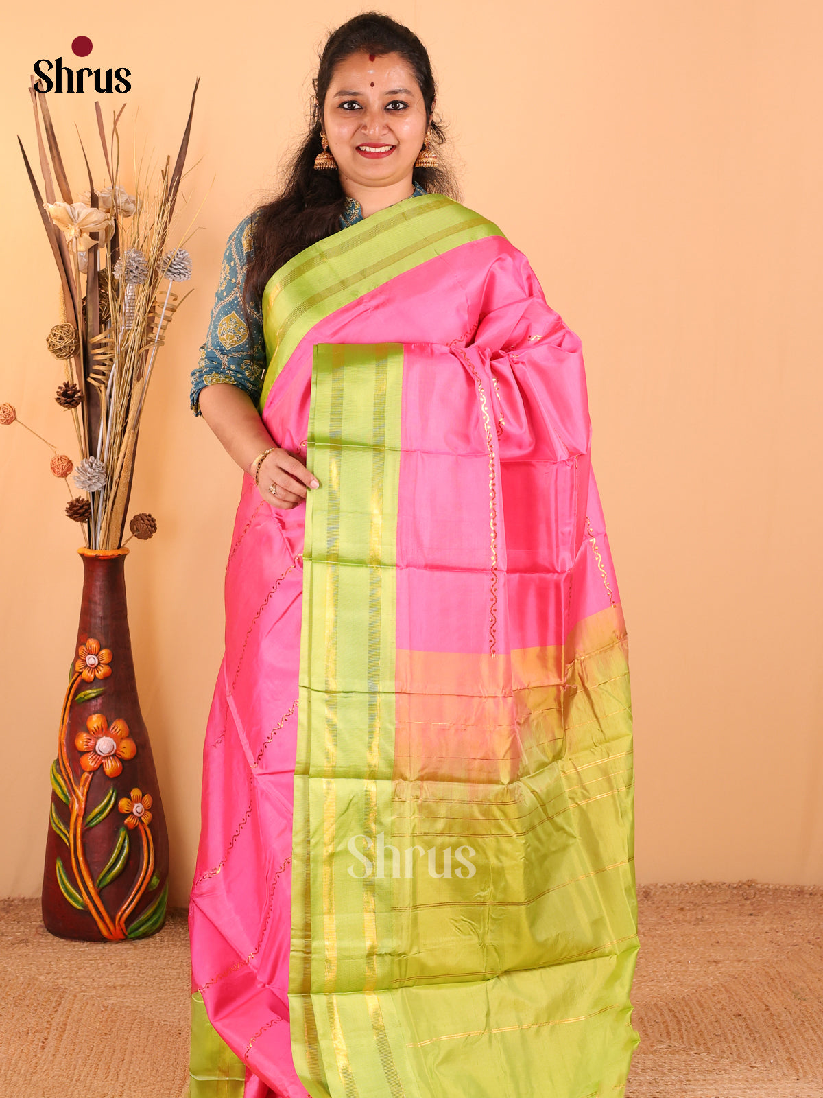 Pink with Green - Banana Pith Saree - Shop on Shrus.com