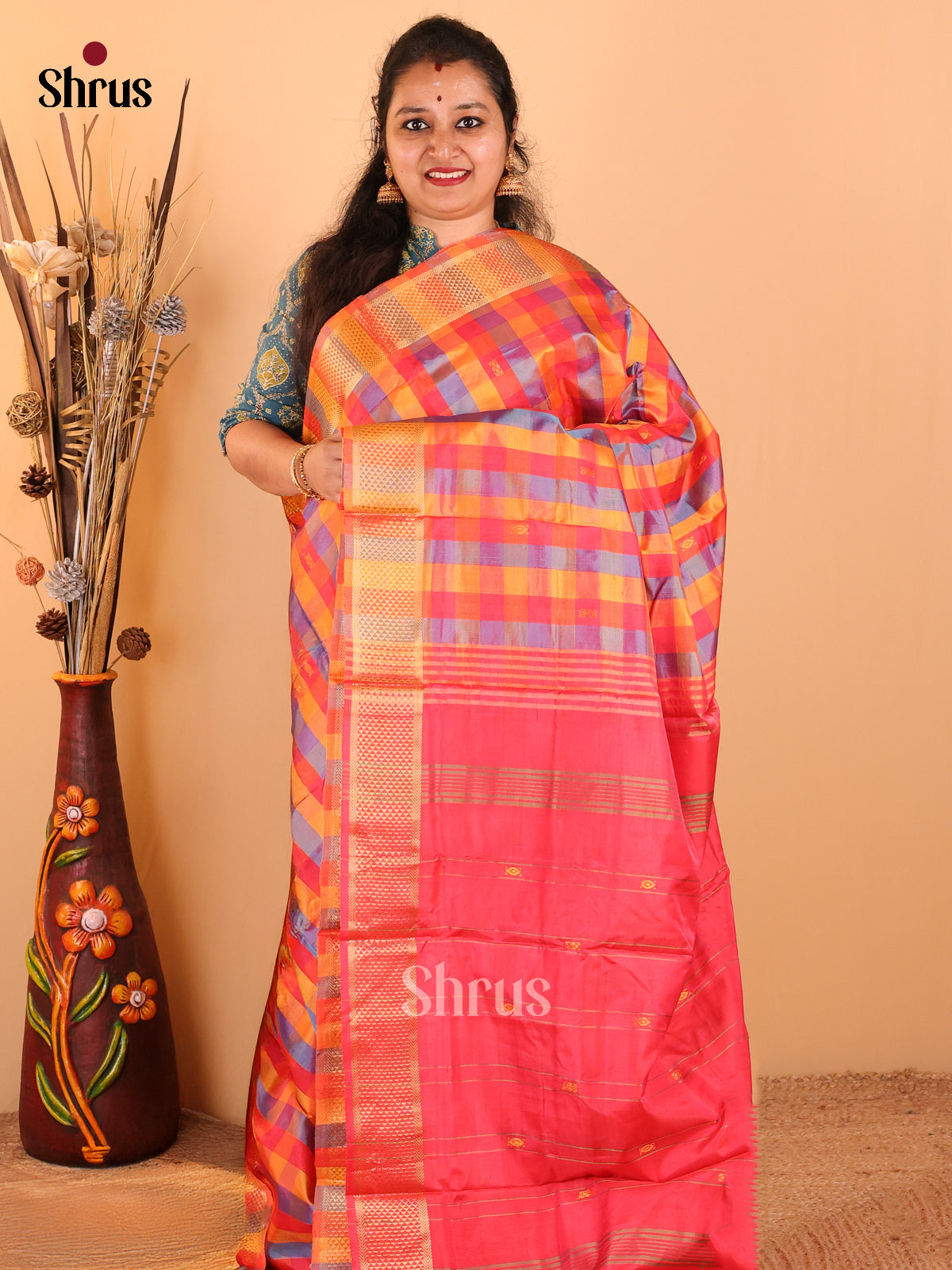 Mustard & Orangish Pink - Banana Pith Saree - Shop on Shrus.com