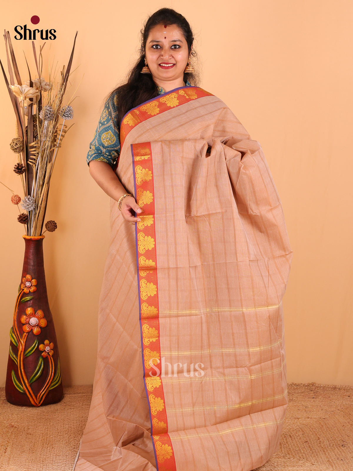 Brown with rust - South Cotton Saree - DDS09002 - Shop on Shrus.com
