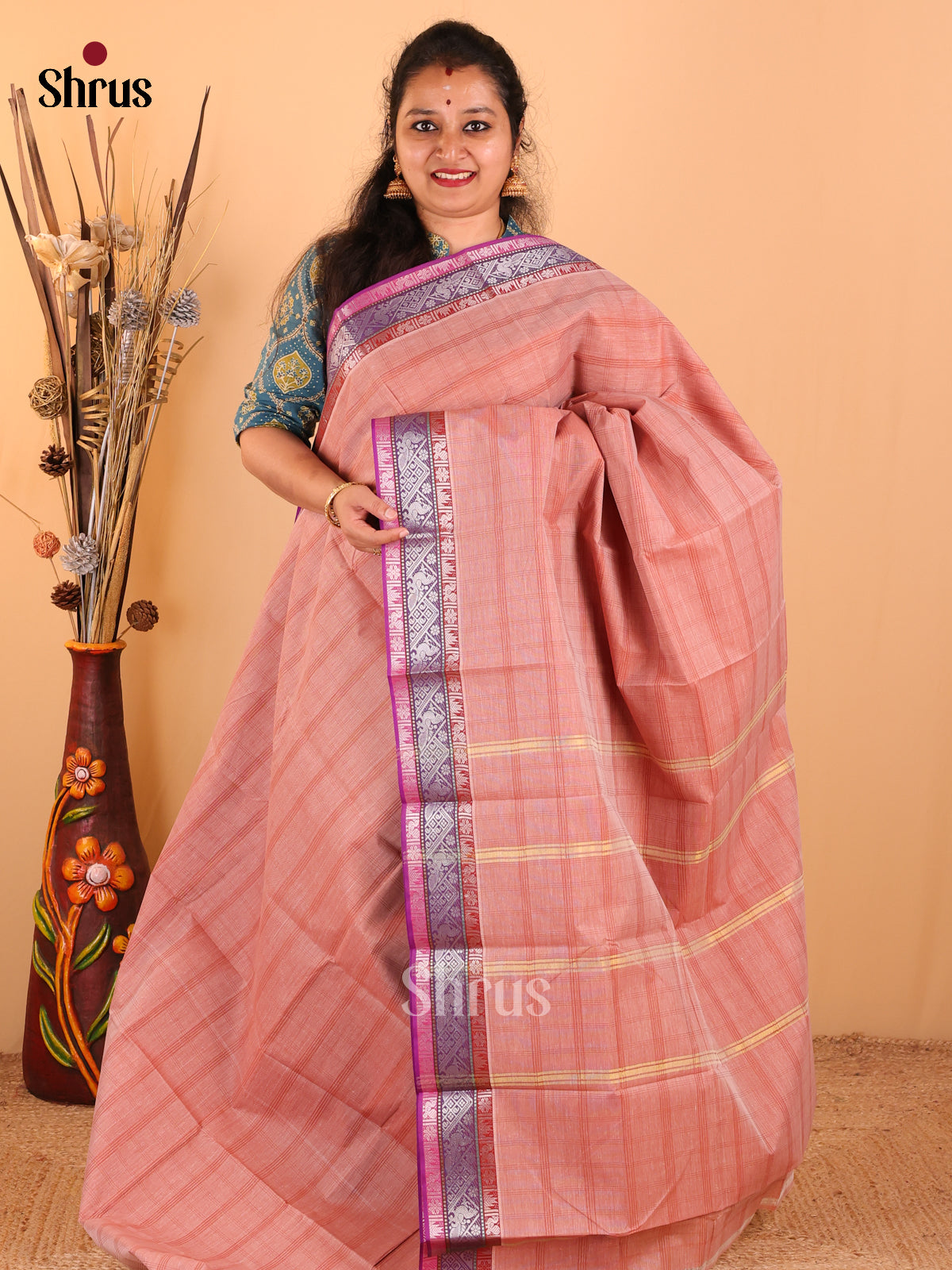 Brown with Violet - South Cotton Saree - DDS09010 - Shop on Shrus.com