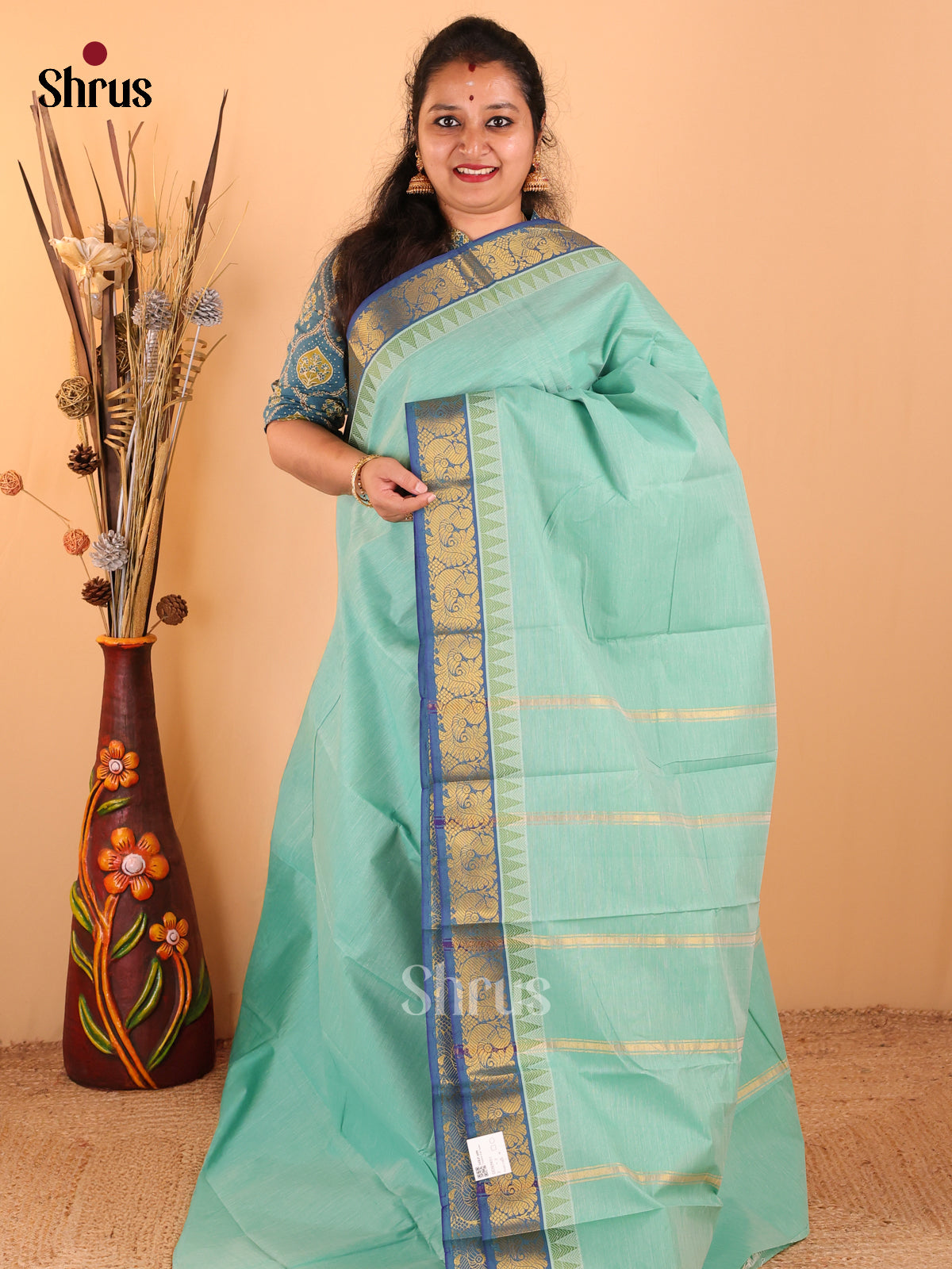 Pastel Green with Peacock blue - South Cotton Saree - DDS09011 - Shop on Shrus.com