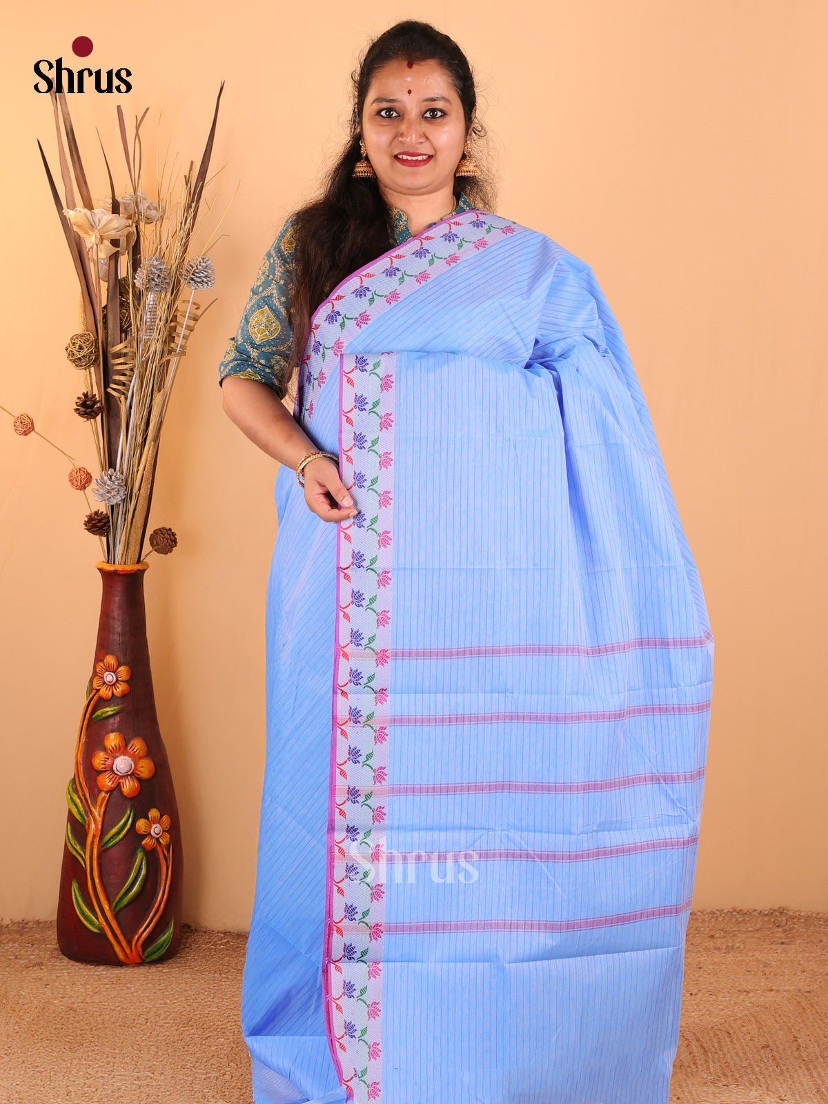 Sky Blue - South Cotton Saree - DDS09013 - Shop on Shrus.com