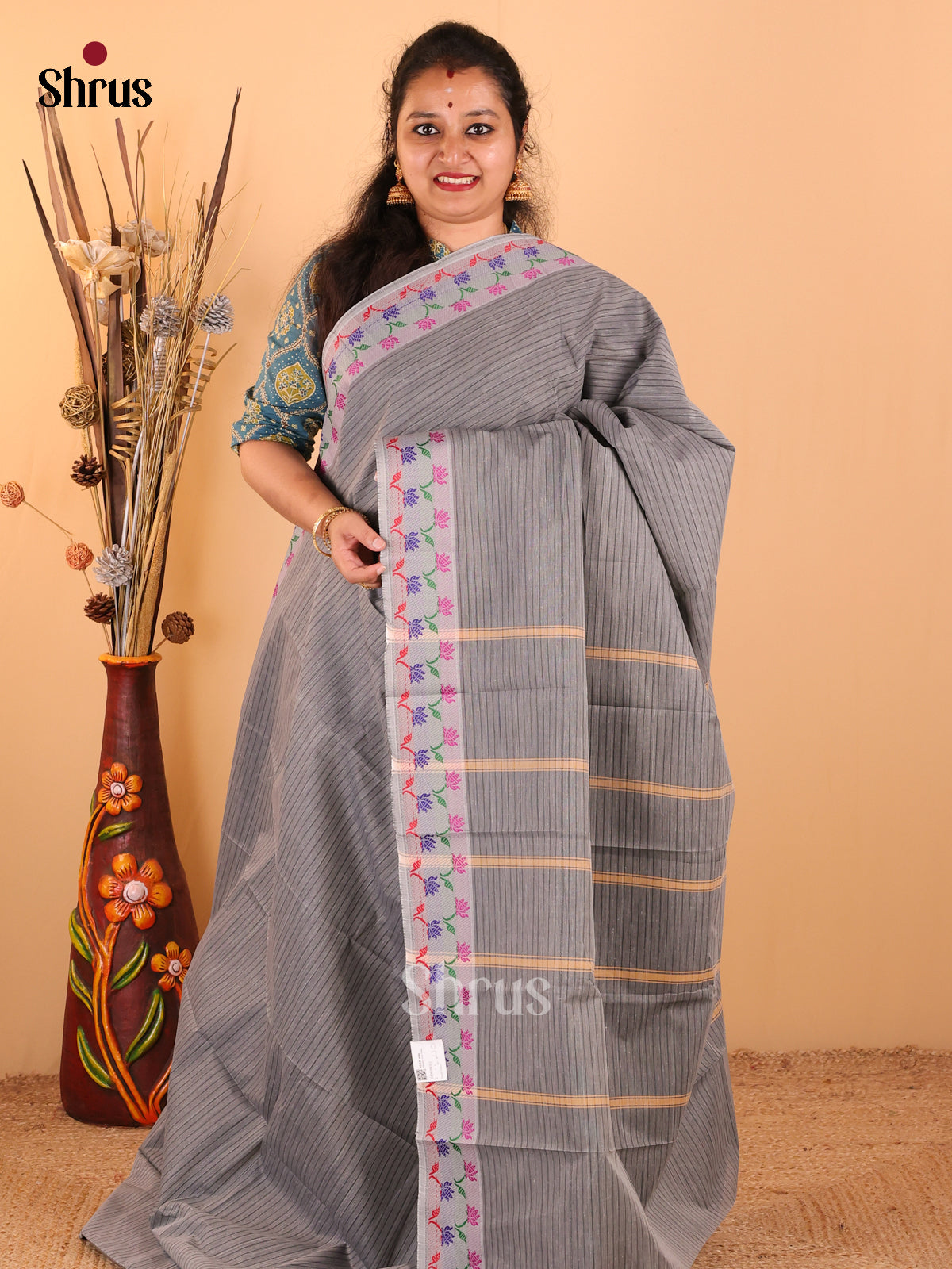 Grey with Black - South Cotton Saree - DDS09015 - Shop on Shrus.com