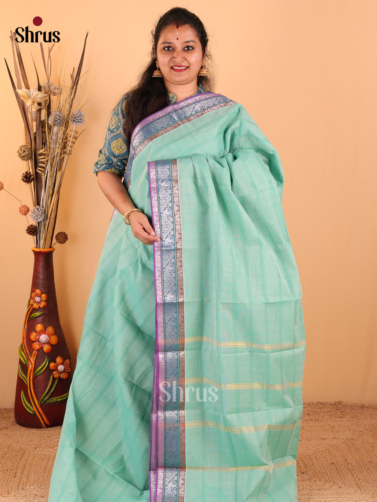 Pastel Green with Peacock blue - South Cotton Saree - DDS09016 - Shop on Shrus.com
