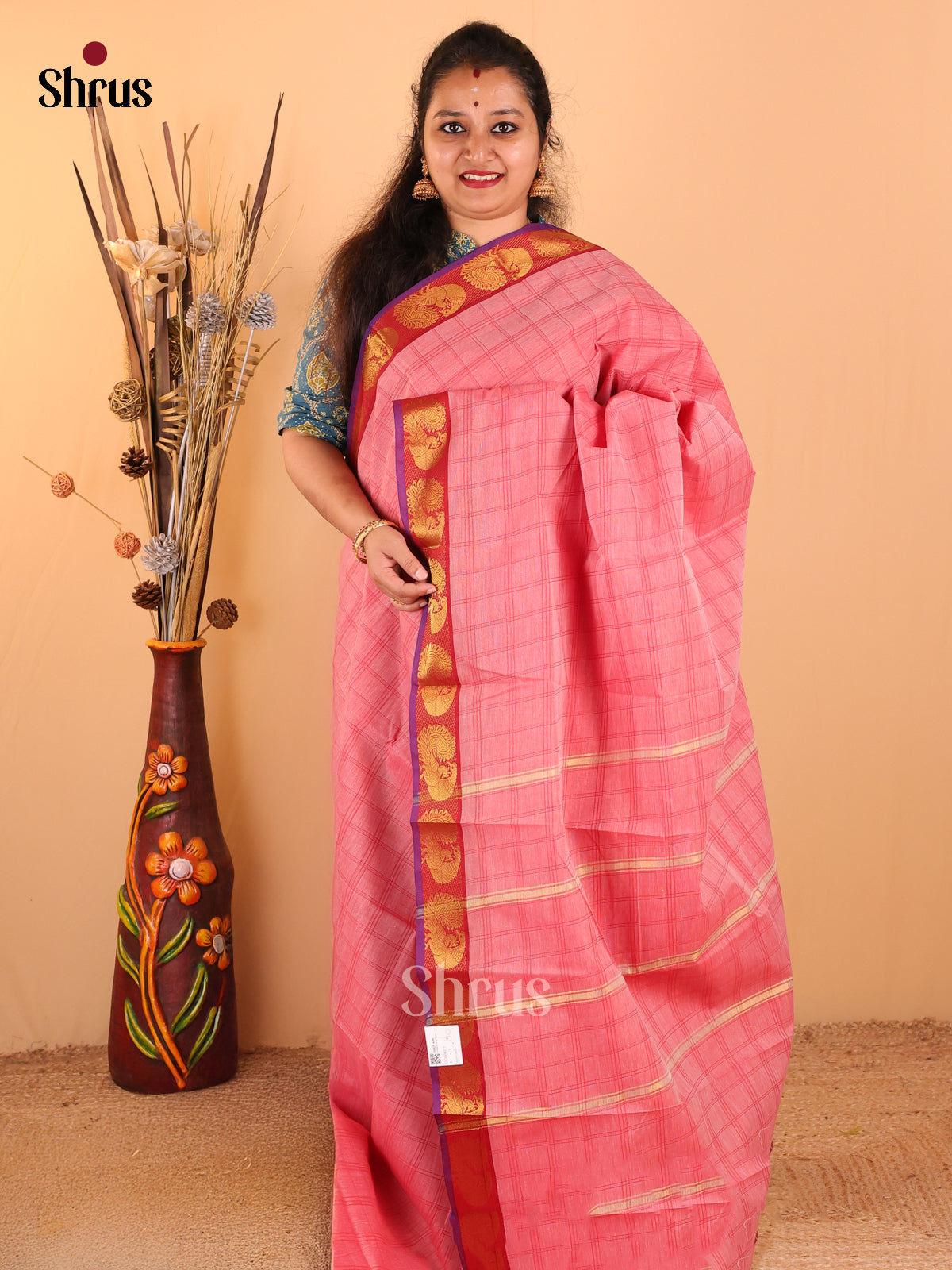 Peach pink with red - South Cotton saree - DDS09017 - Shop on Shrus.com