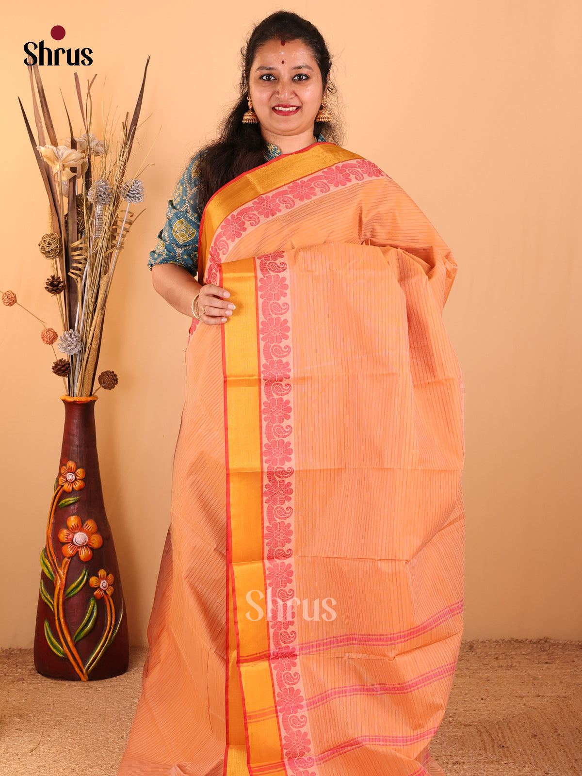 Light orange with Red - South Cotton Saree - DDS09021 - Shop on Shrus.com