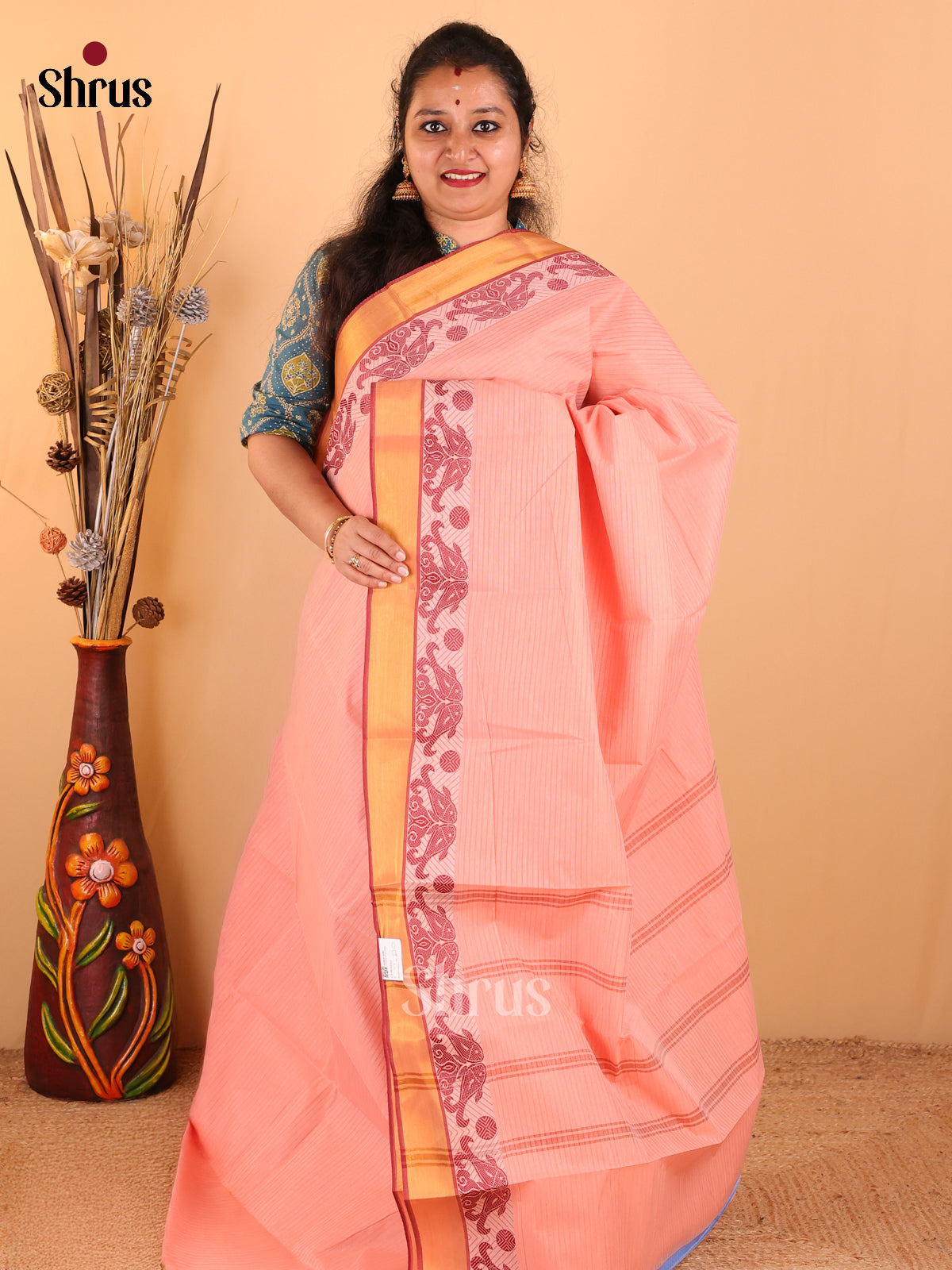 Peach pink with Maroon - South Cotton Saree - DDS09023 - Shop on Shrus.com