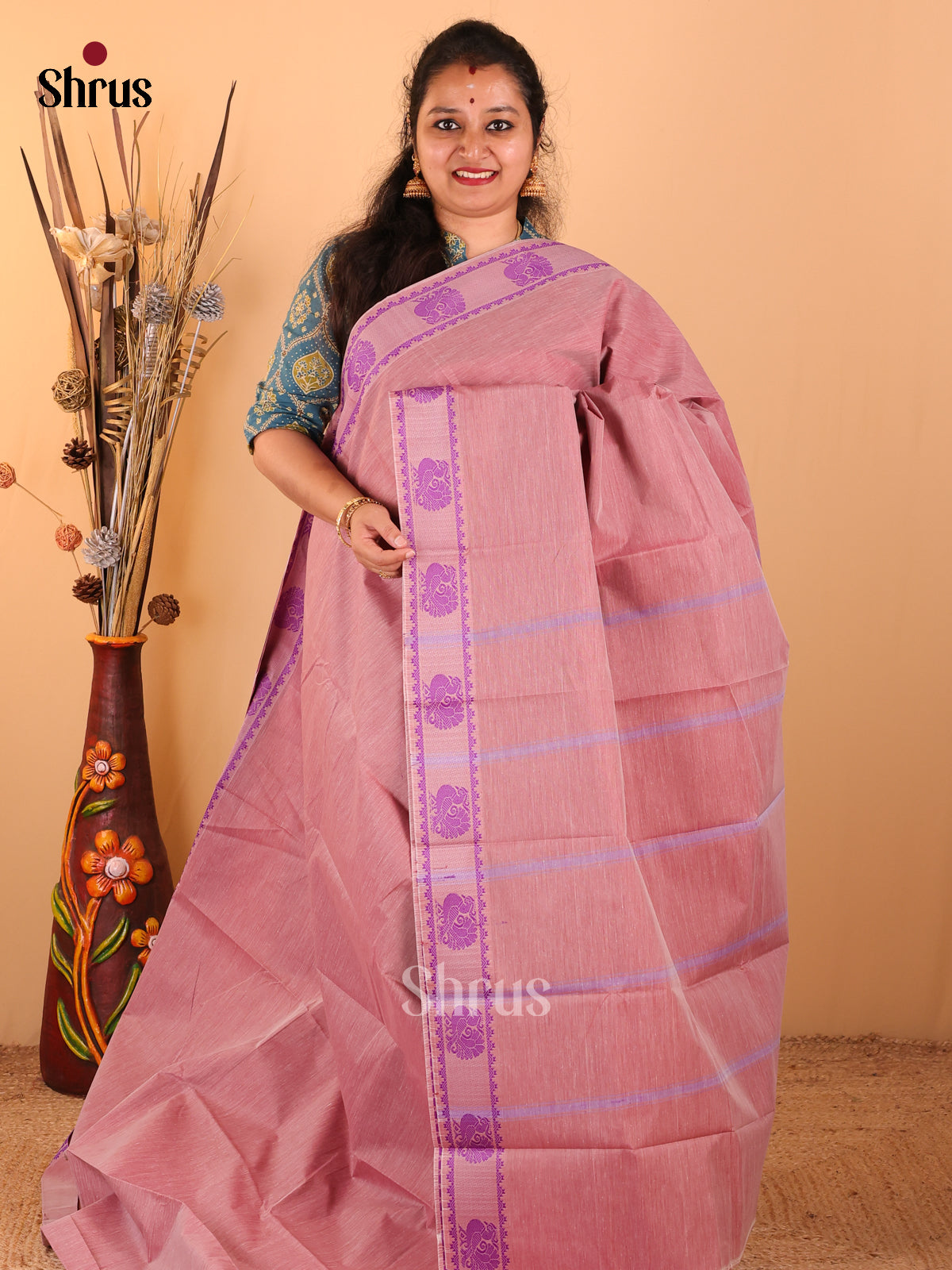 Onion Pink with Violet - South Cotton Saree - DDS09028 - Shop on Shrus.com