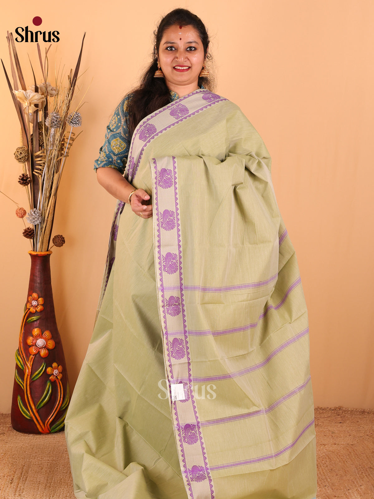 Pastel Green with Violet - South Cotton Saree - DDS09029 - Shop on Shrus.com