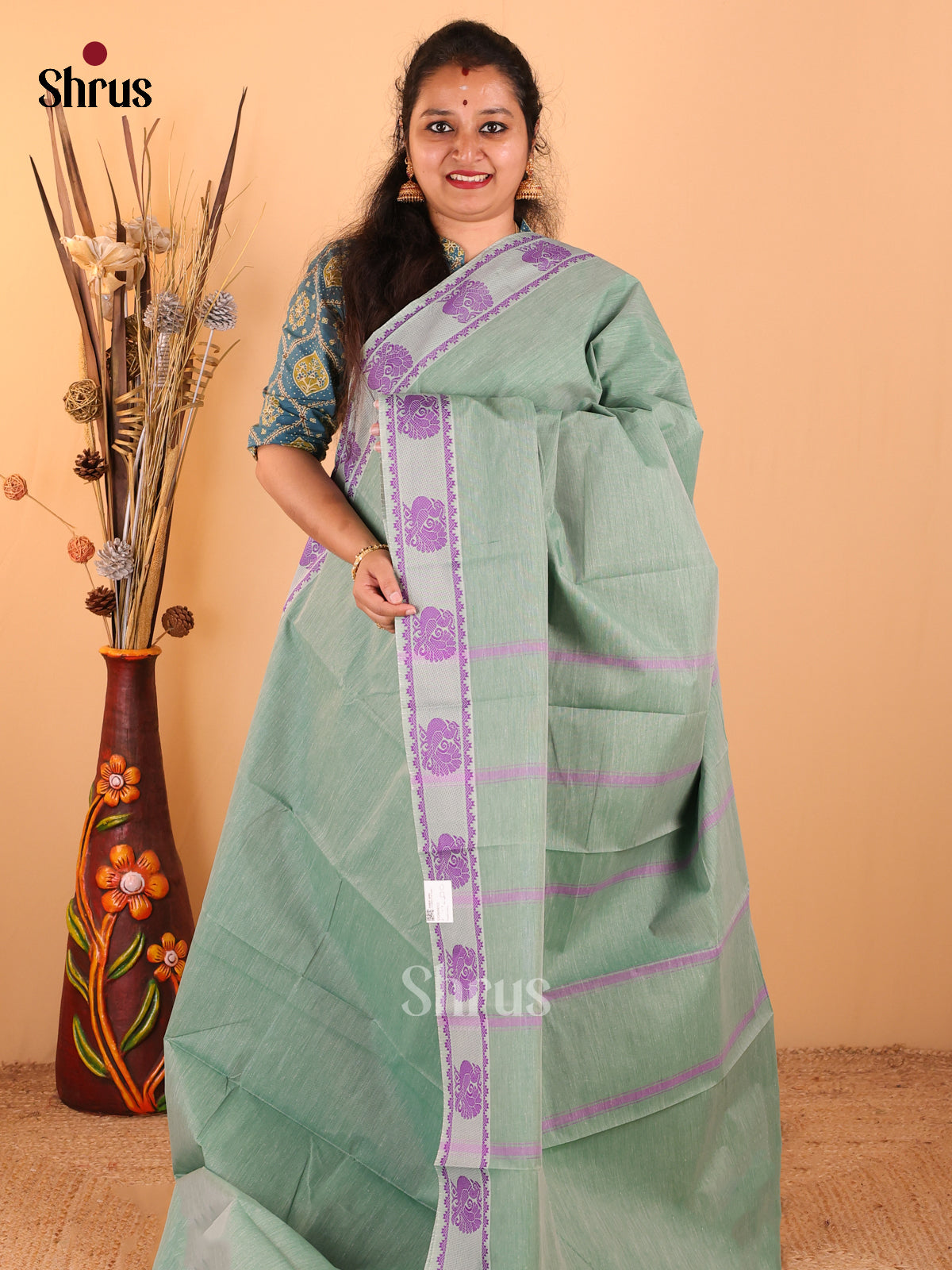 Pastel Green with Violet - South Cotton Saree - DDS09032 - Shop on Shrus.com
