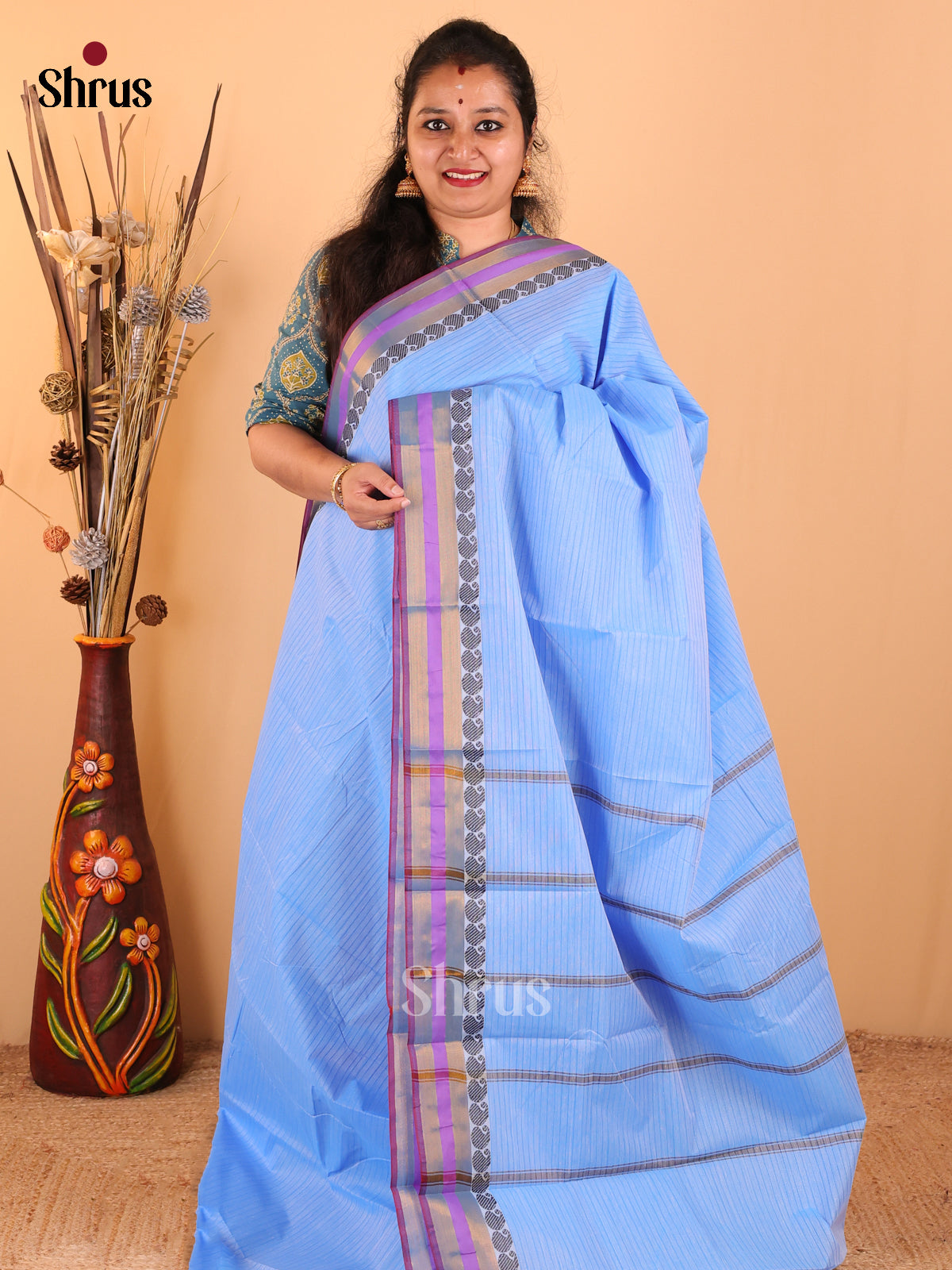 Sky blue with violet - South Cotton Saree - DDS09033 - Shop on Shrus.com