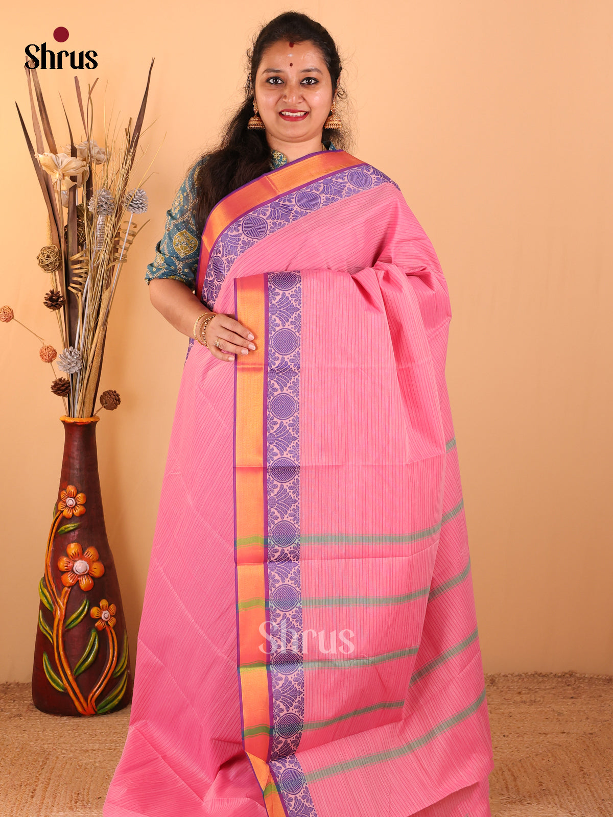 Pink with Navy Blue - South Cotton Saree - DDS09040 - Shop on Shrus.com