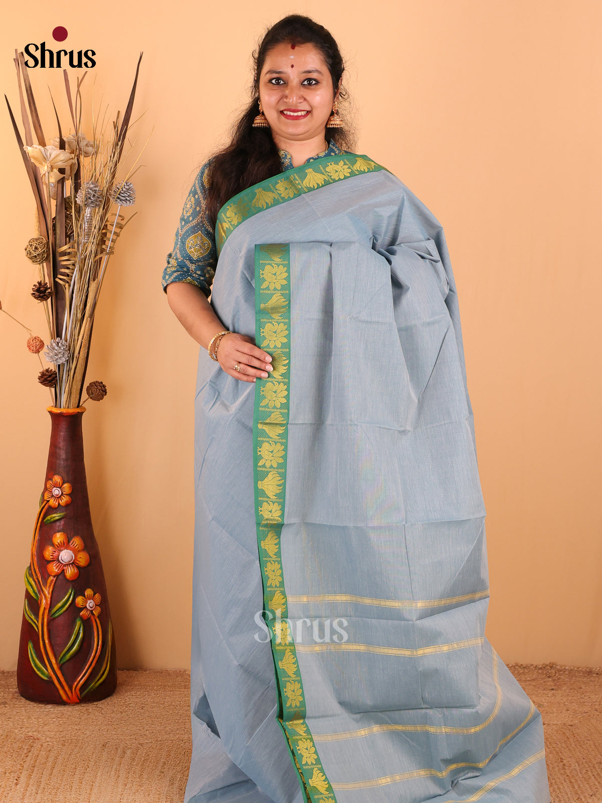 Ice Blue with Green - South Cotton Saree - DDS09041 - Shop on Shrus.com