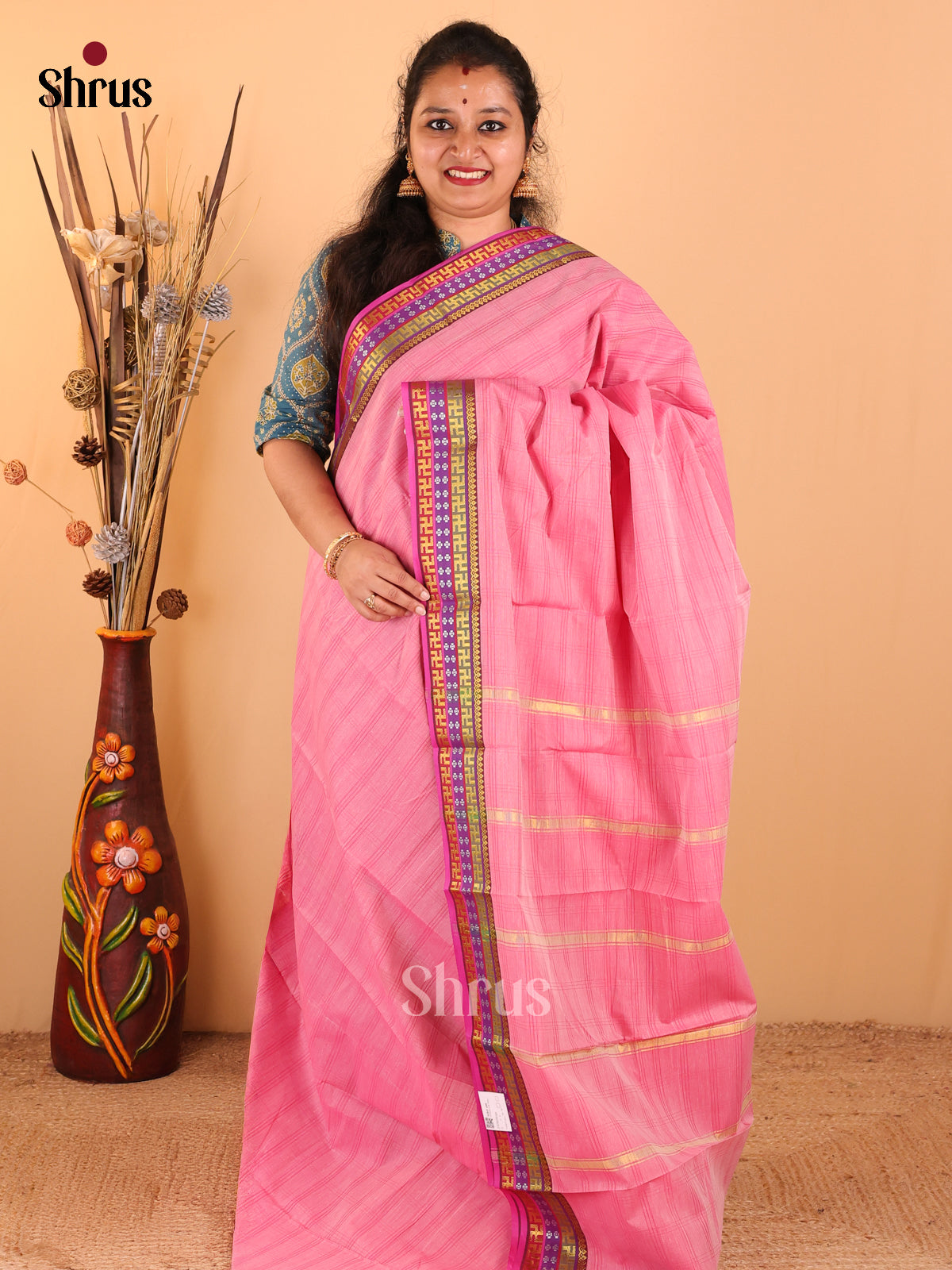 Pink with Purple - South Cotton Saree - DDS09048 - Shop on Shrus.com