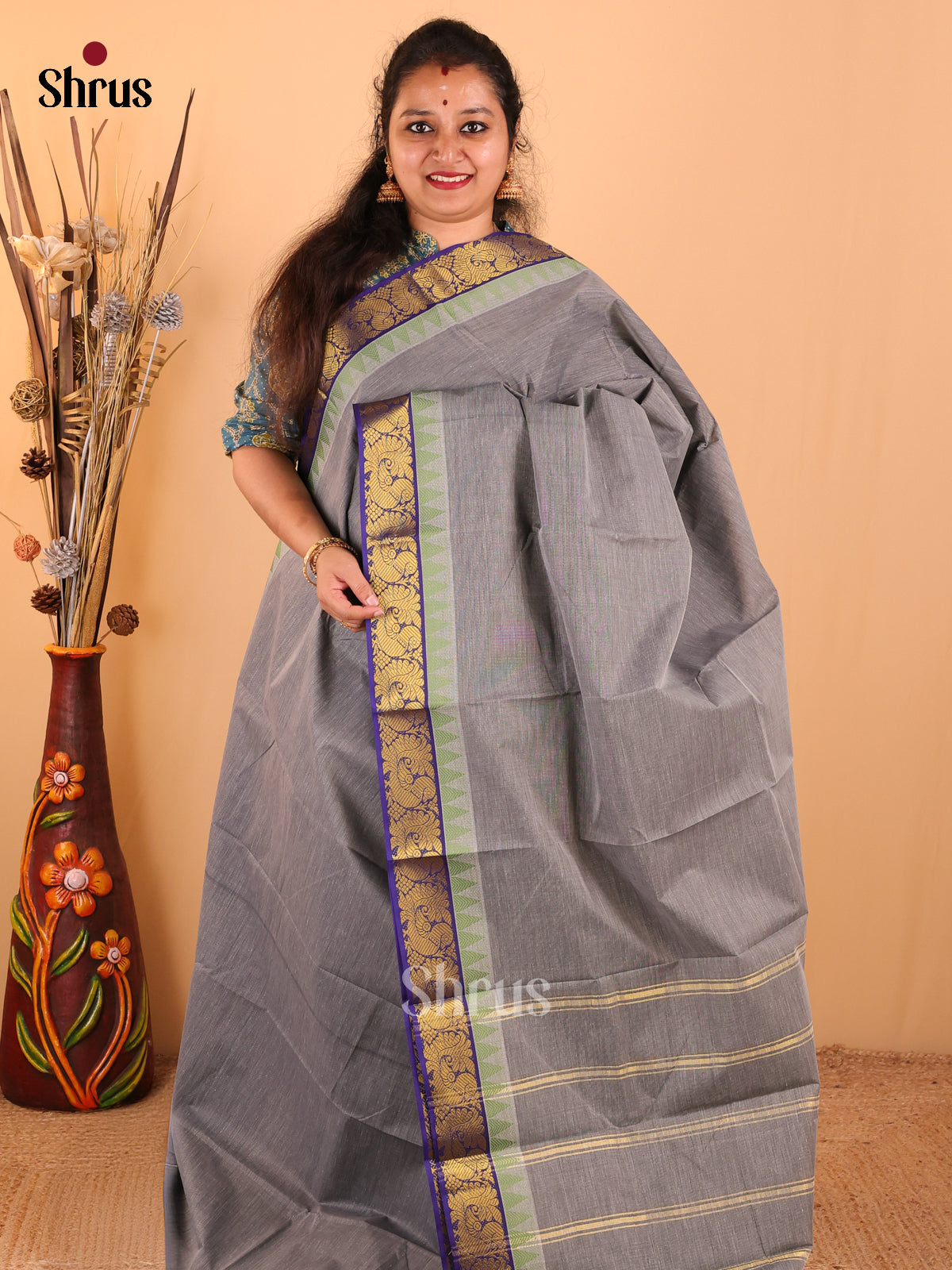 Grey with Royal Blue - South Cotton Saree - DDS09054 - Shop on Shrus.com