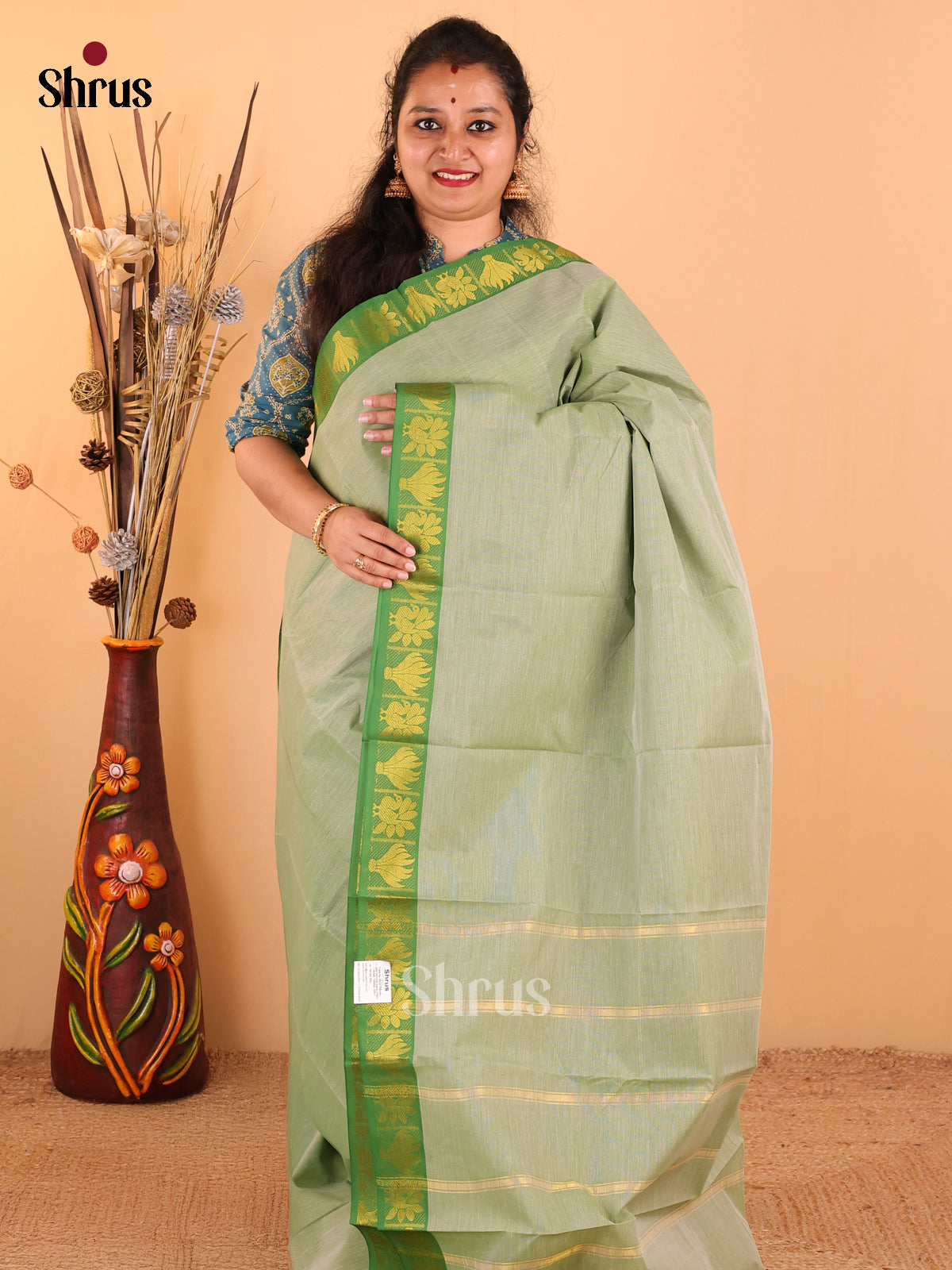Pastel Green & Dark Green- South Cotton Saree - DDS09056 - Shop on Shrus.com