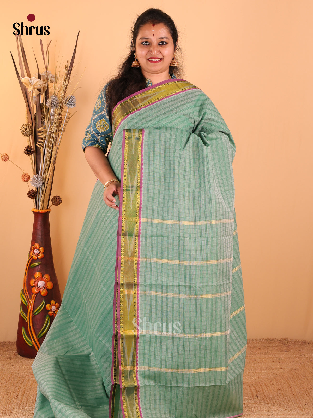 Green with Purple - South Cotton Saree - DDS09062 - Shop on Shrus.com