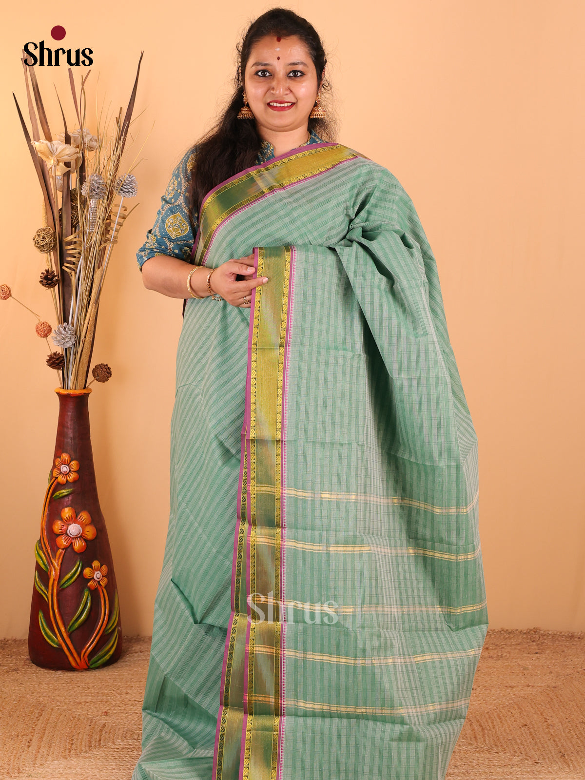 Green with Purple - South Cotton Saree - DDS09063 - Shop on Shrus.com