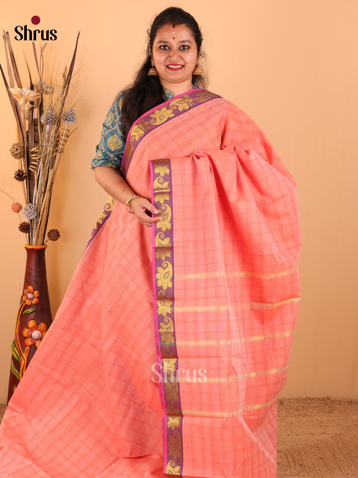Orange with Violet - South Cotton Saree - DDS09064 - Shop on Shrus.com