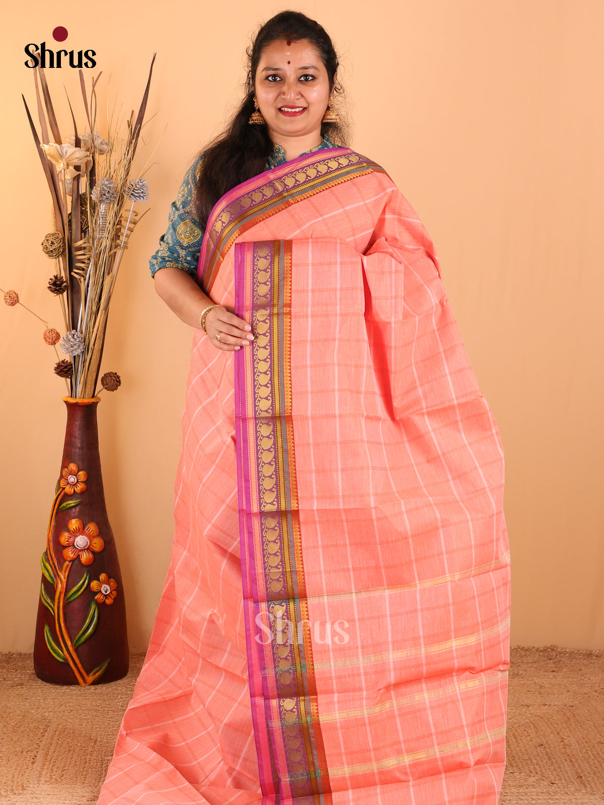 Orange with purple - South Cotton Saree - DDS09073 - Shop on Shrus.com