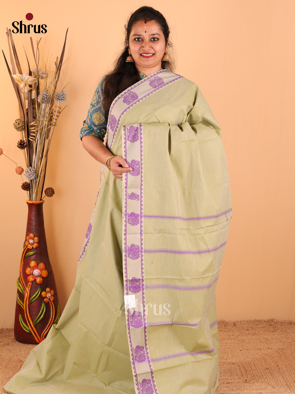 Pastel Green with Violet - South Cotton Saree - DDS09078 - Shop on Shrus.com