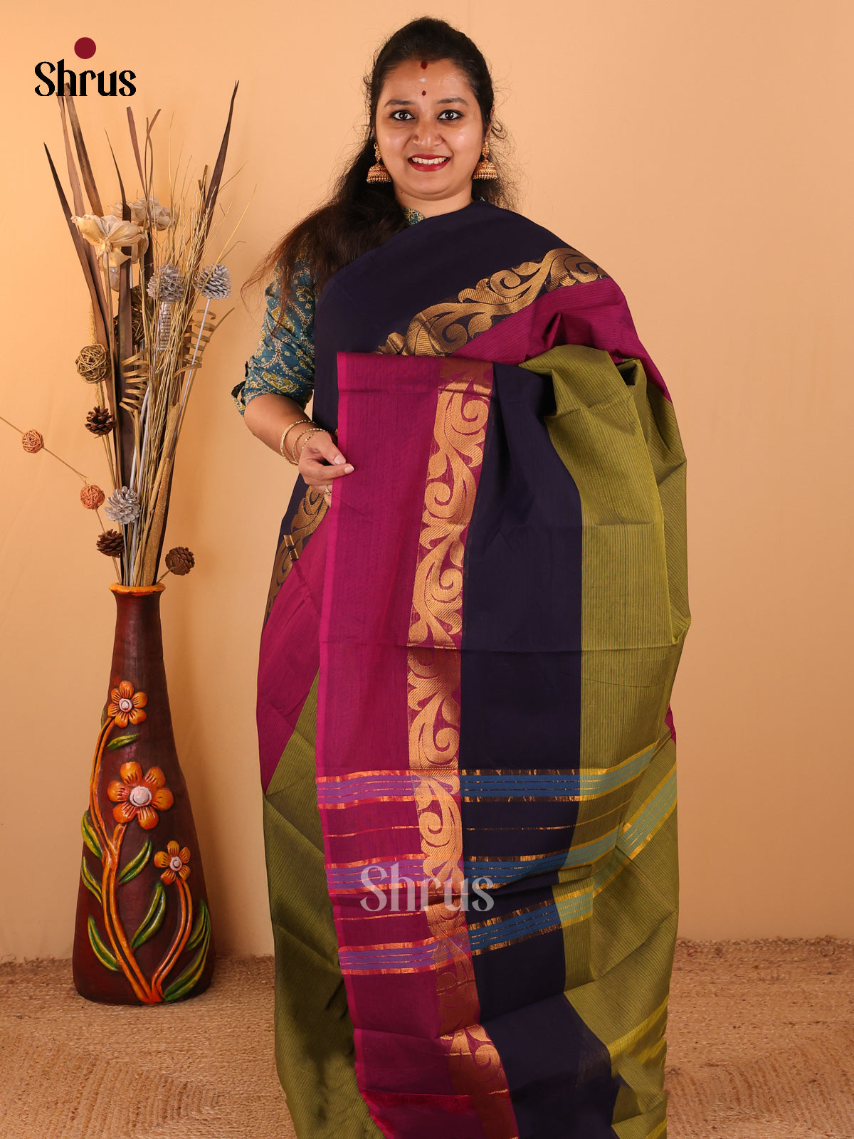 Mehandhi green with Navy & pink - Chettinad Cotton saree - DDS09081 - Shop on Shrus.com