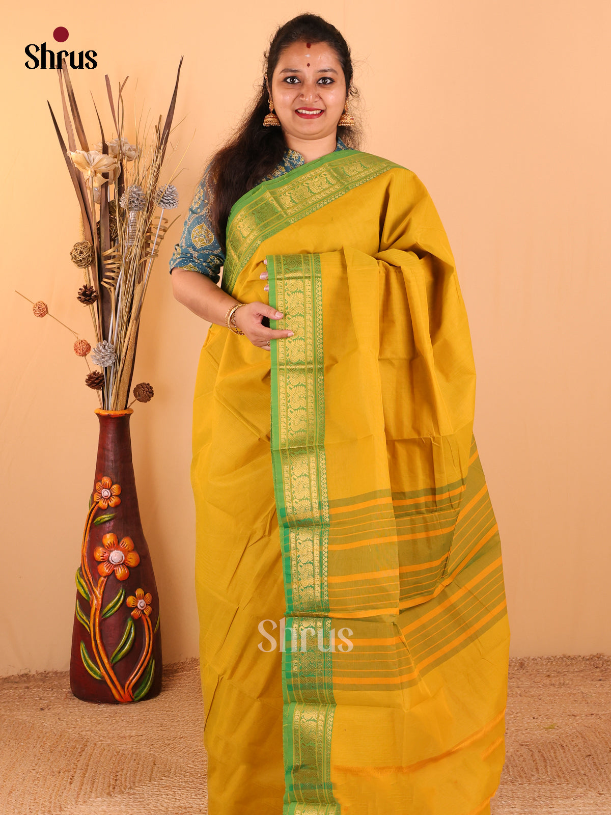Mustard with Green - Chettinad Cotton saree - DDS09087 - Shop on Shrus.com