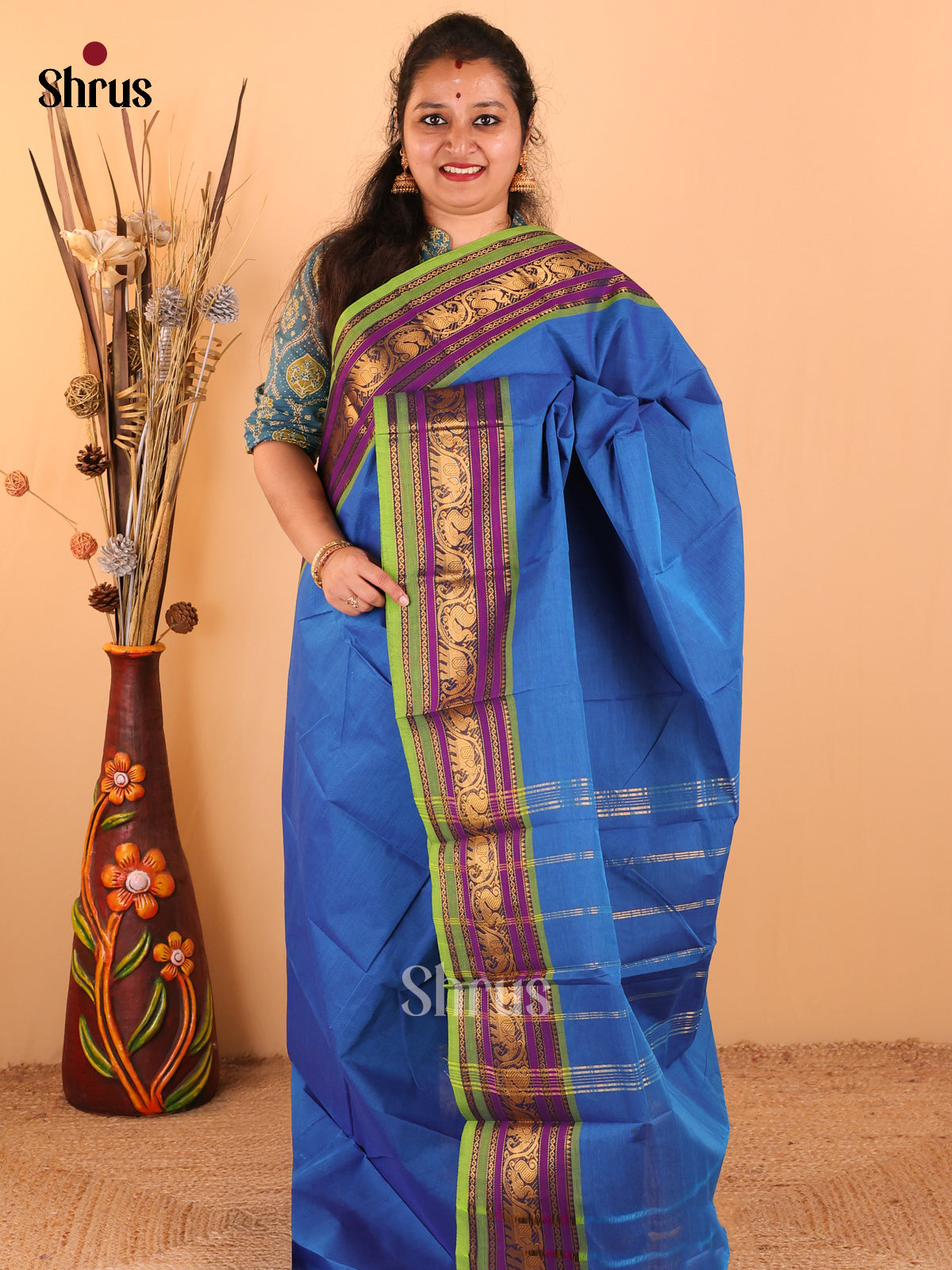 Rama Blue with Purple - Chettinad Cotton saree - DDS09089 - Shop on Shrus.com