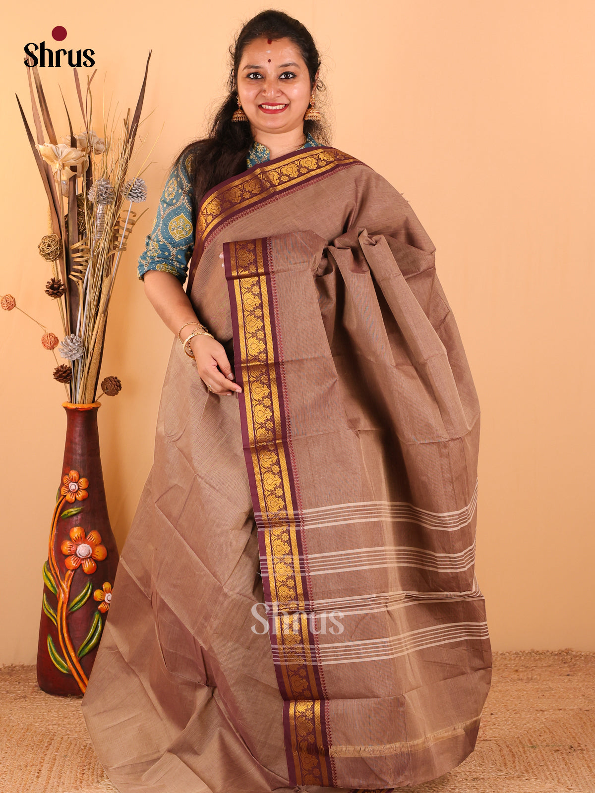 Brown with Maroon - Chettinad Cotton saree - DDS09093 - Shop on Shrus.com