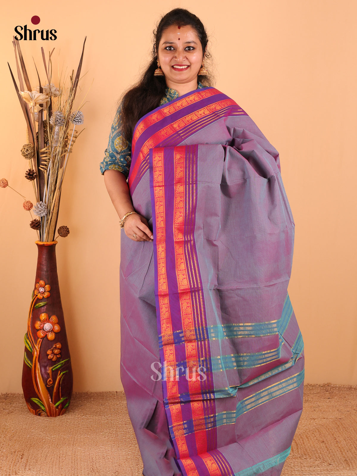 Dual Shade Grey with Purple - Chettinad Cotton saree - DDS09096 - Shop on Shrus.com