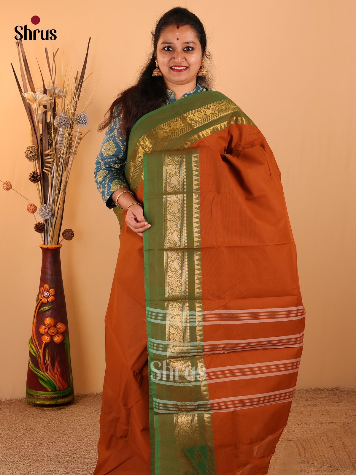 Rust with Green - Chettinad Cotton saree - DDS09098 - Shop on Shrus.com