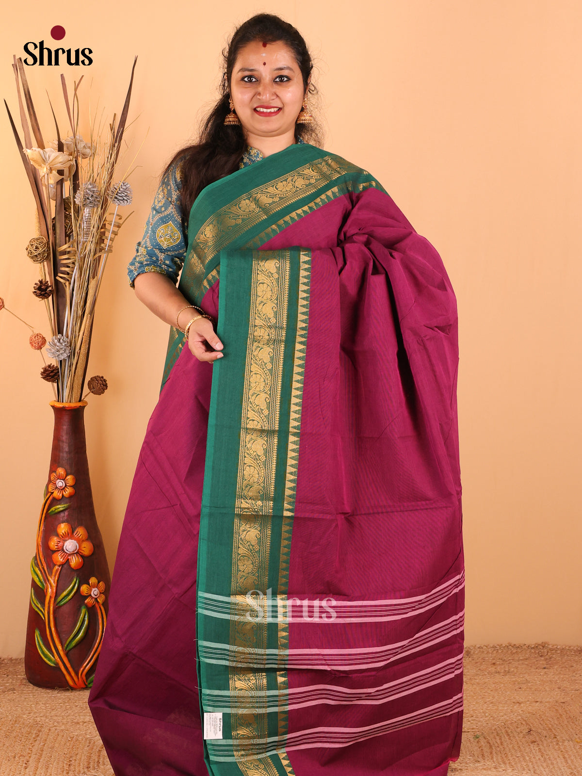 Purple with Green - Chettinad Cotton saree - DDS09100 - Shop on Shrus.com