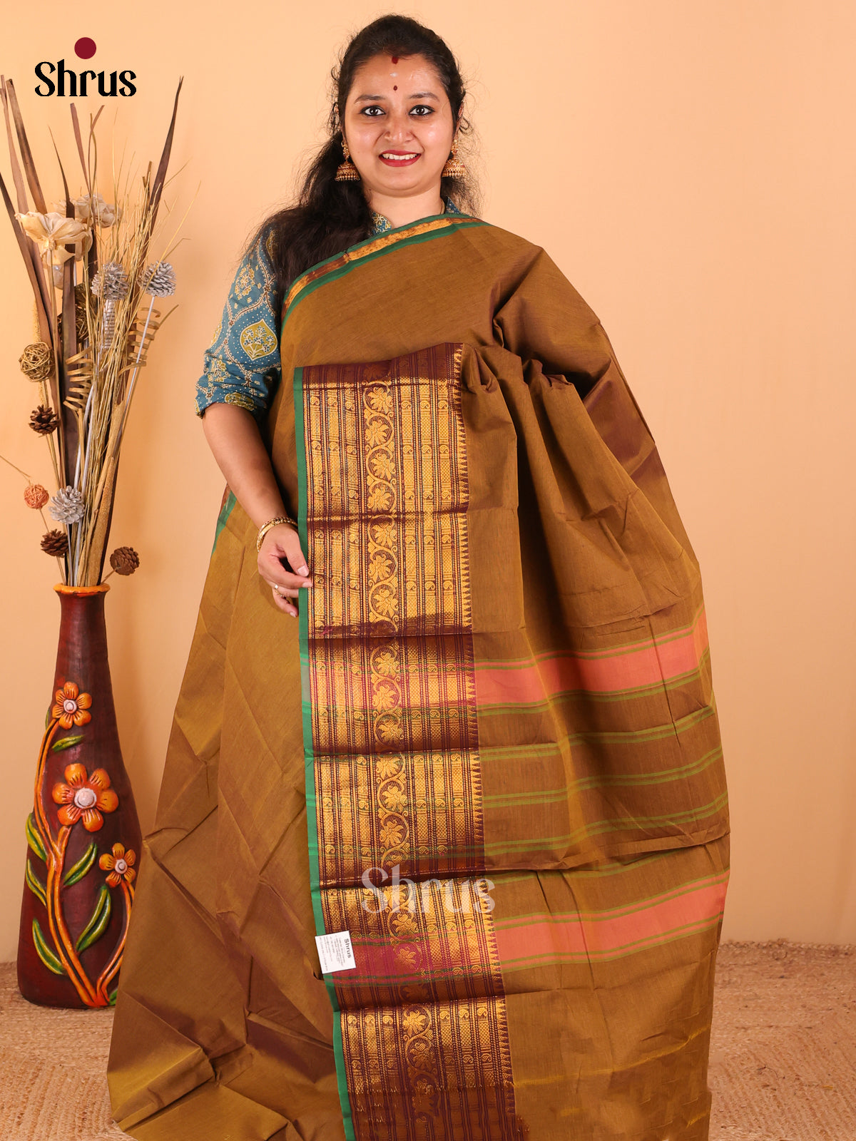 Brown with plum - Chettinad Cotton saree - DDS09106 - Shop on Shrus.com