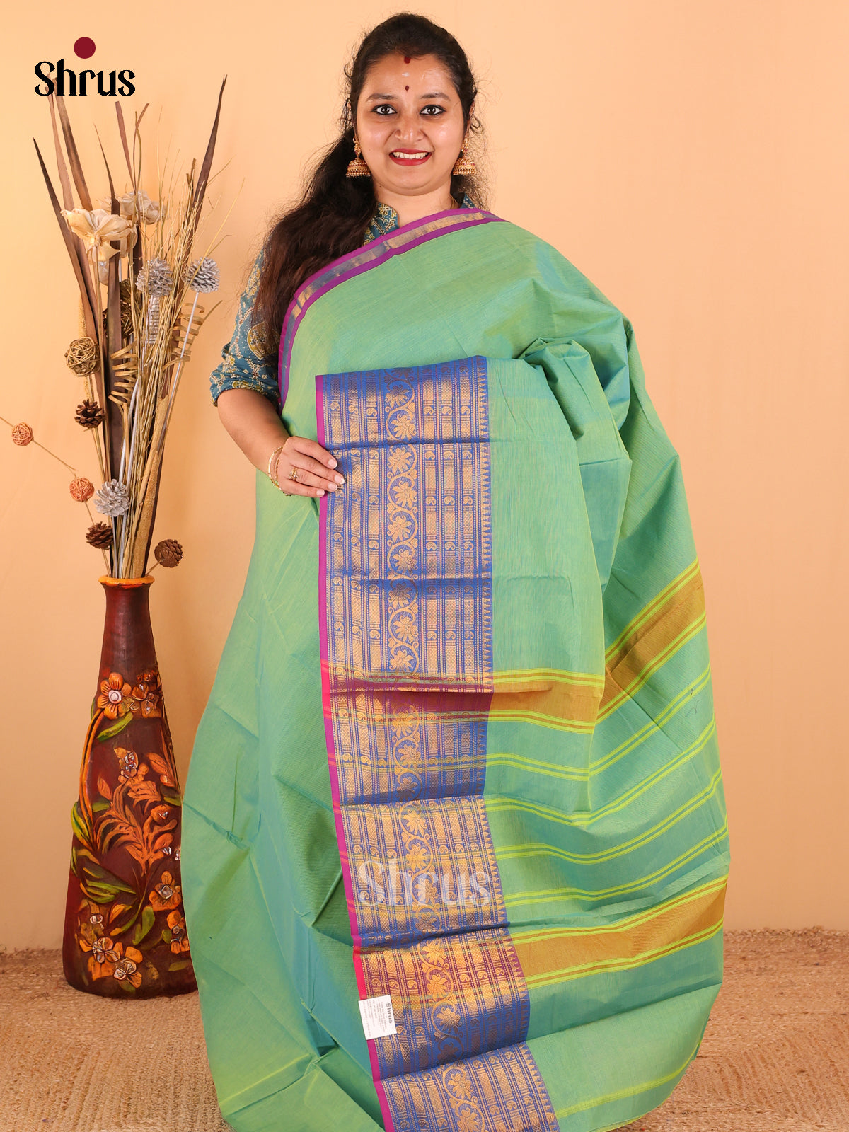 Dual Tone Green with Blue - Chettinad Cotton saree - DDS09107 - Shop on Shrus.com