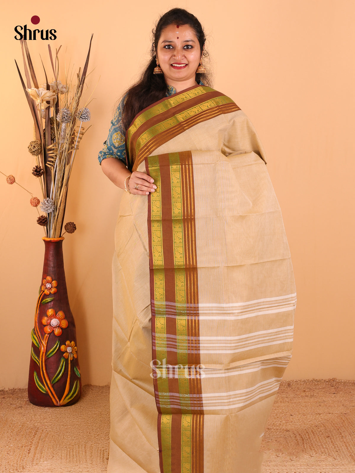 Sandal with Brown - Chettinad Cotton saree - DDS09109 - Shop on Shrus.com