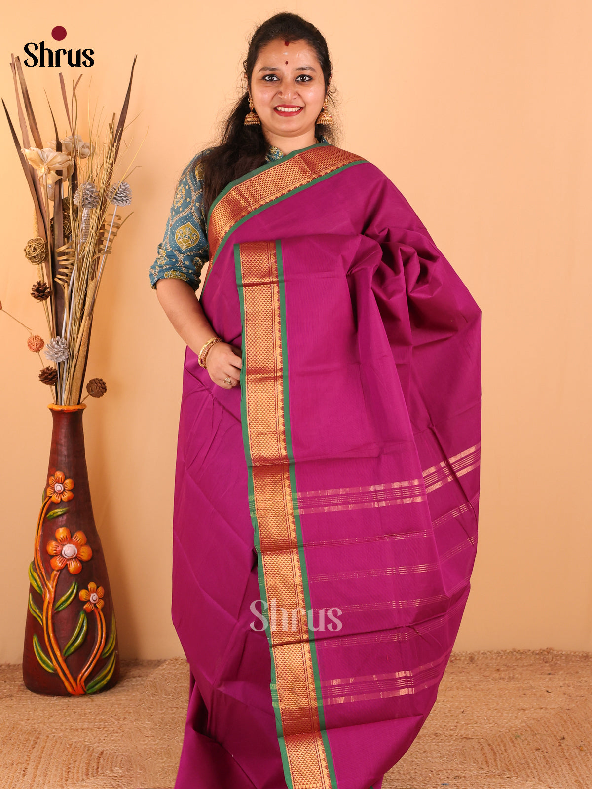 Purple with Green - Chettinad Cotton saree - DDS09112 - Shop on Shrus.com