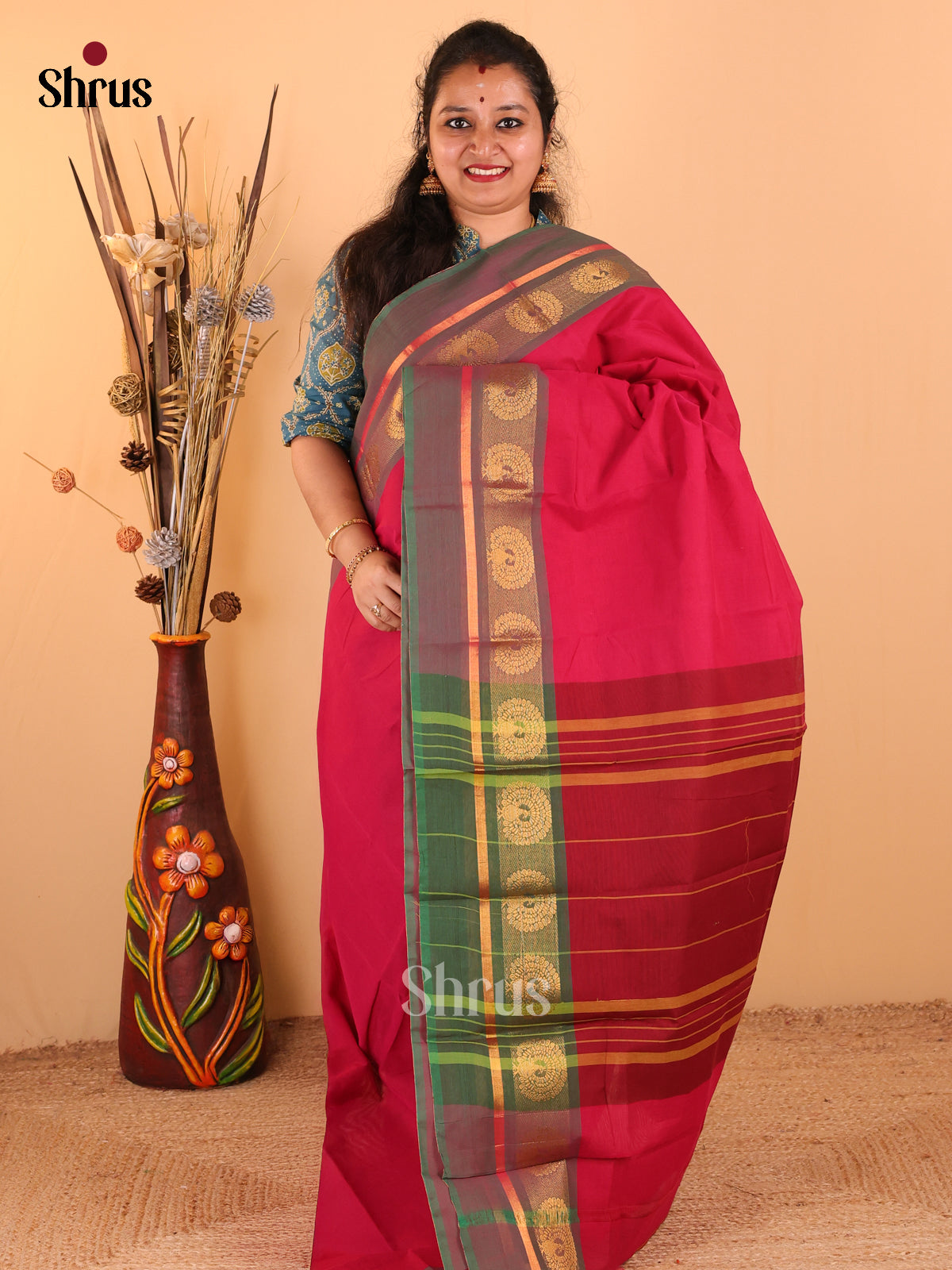 Ruby pink with Green - Chettinad Cotton saree - DDS09116 - Shop on Shrus.com