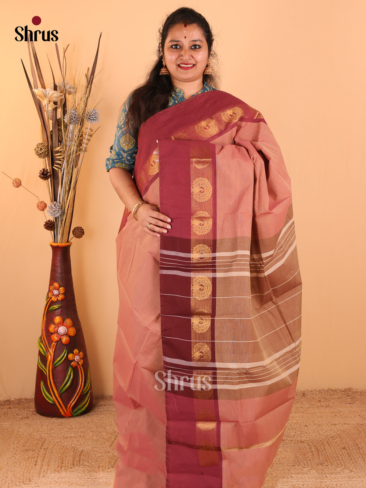 Dual done Light brown with Maroon - Chettinad Cotton saree - DDS09119 - Shop on Shrus.com