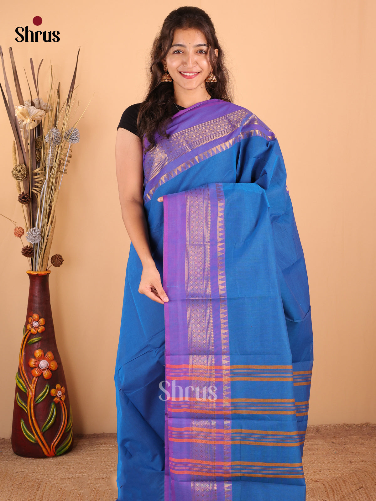 Blue with Purple - Chettinad Cotton Saree - DDS09121 - Shop on Shrus.com