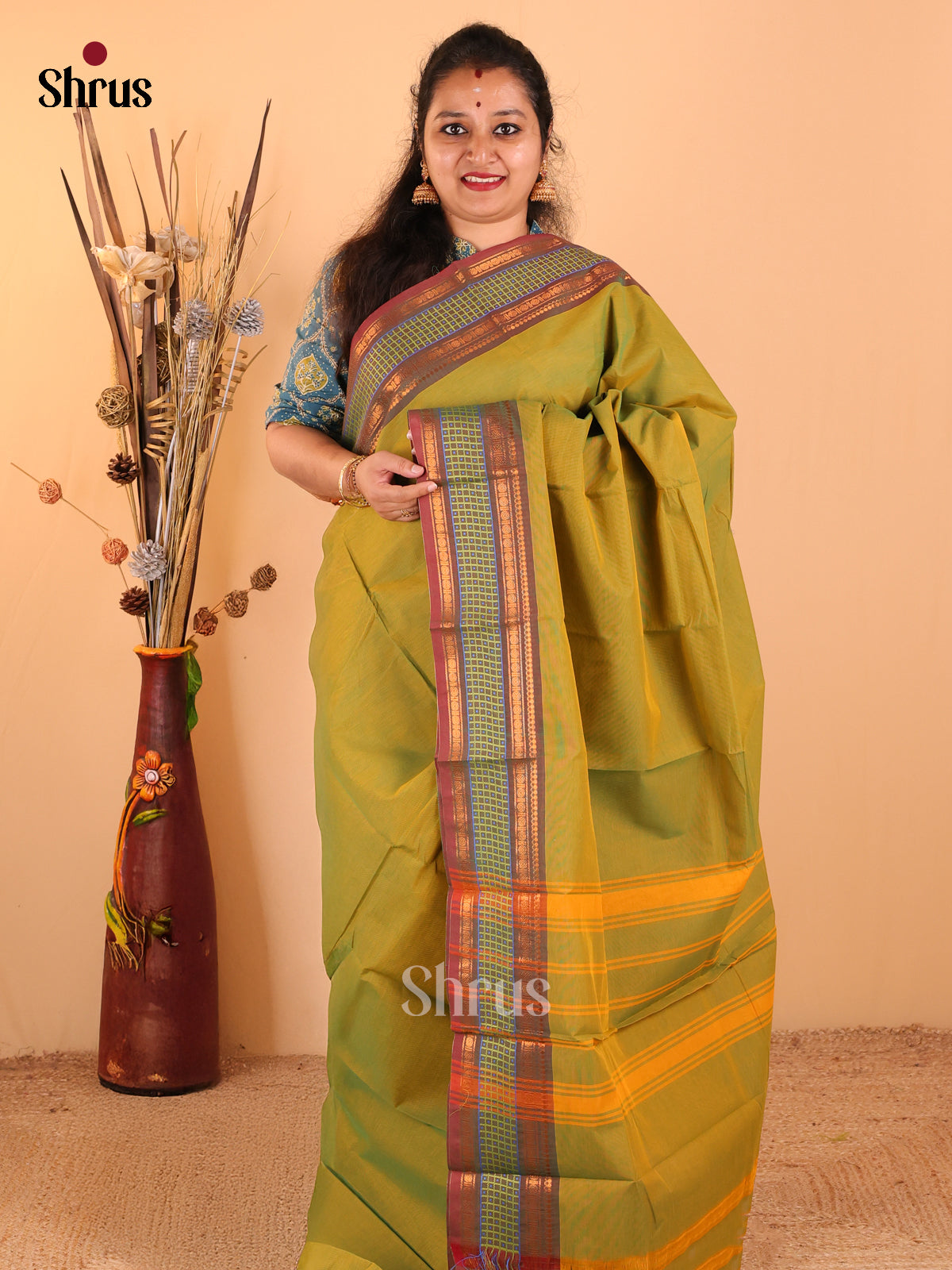 Dual Tone Mustard with Green - Chettinad Cotton saree - DDS09122 - Shop on Shrus.com
