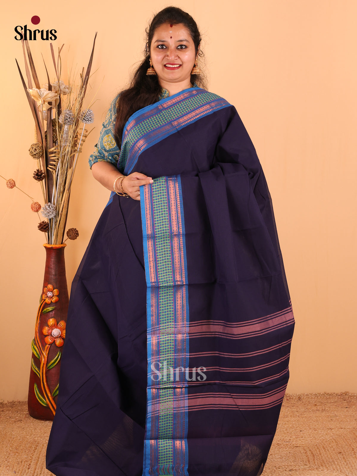 Navy Blue with rama blue - Chettinad Cotton saree - DDS09123 - Shop on Shrus.com
