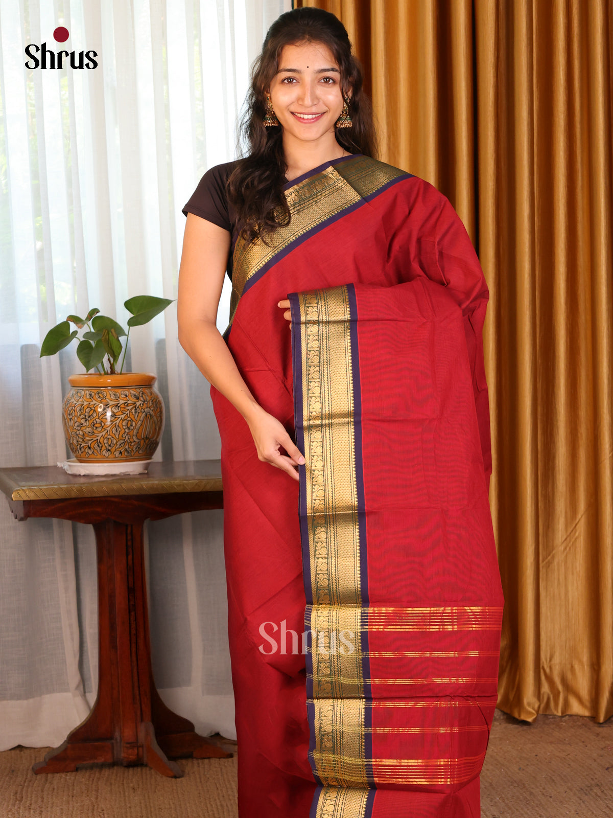 Maroon with Blue - DDS09127 - Chettinad Cotton Saree - Shop on Shrus.com