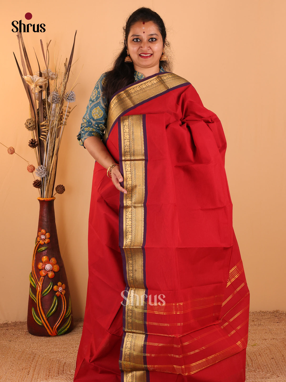Red with Navy Blue - Chettinad Cotton saree - DDS09128 - Shop on Shrus.com