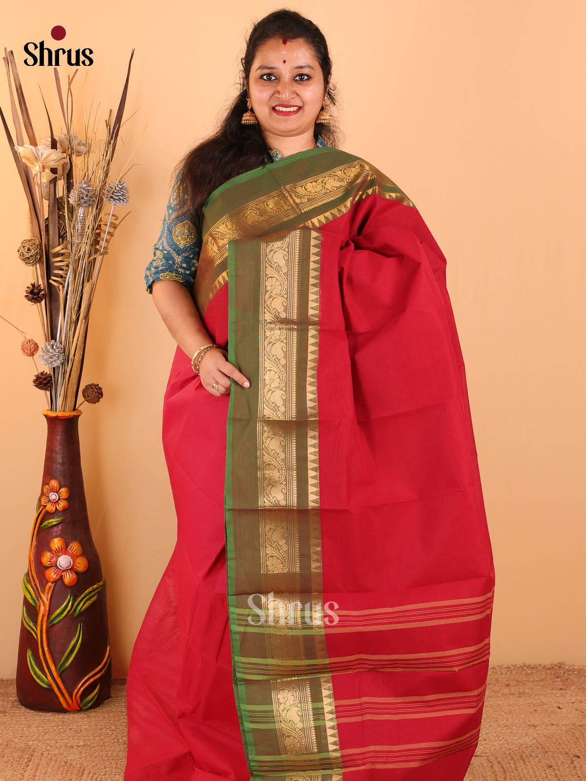 Maroon with Green - Chettinad Cotton saree - DDS09129 - Shop on Shrus.com