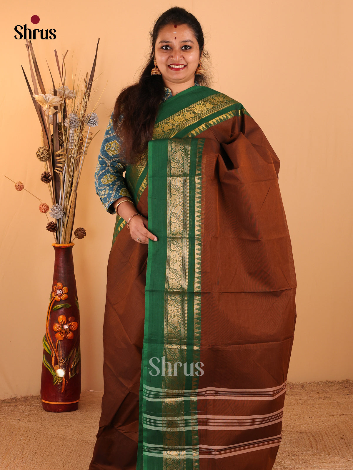 Brown with Green - Chettinad Cotton saree - DDS09130 - Shop on Shrus.com