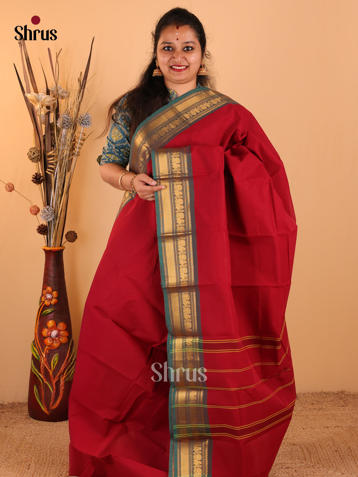 Maroon with Green - Chettinad Cotton saree - DDS09134 - Shop on Shrus.com