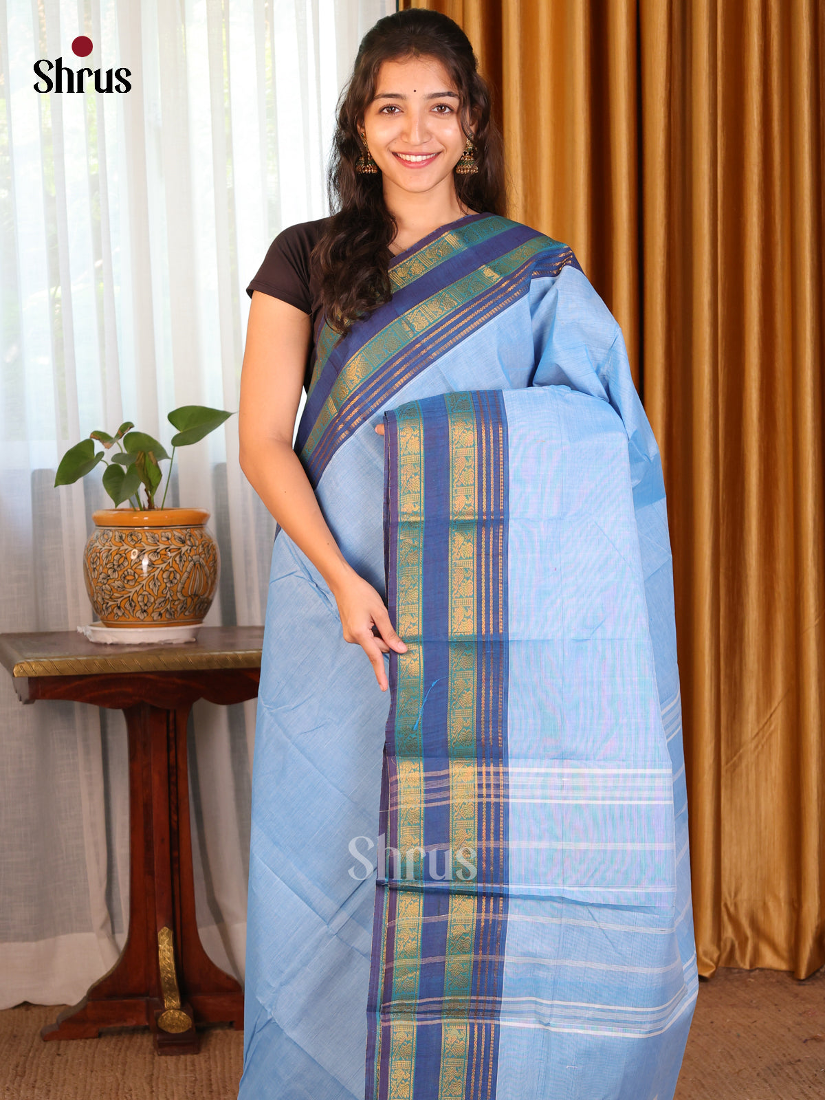 Lite Blue with Blue - DDS09143 - Chettinad Cotton Saree - Shop on Shrus.com