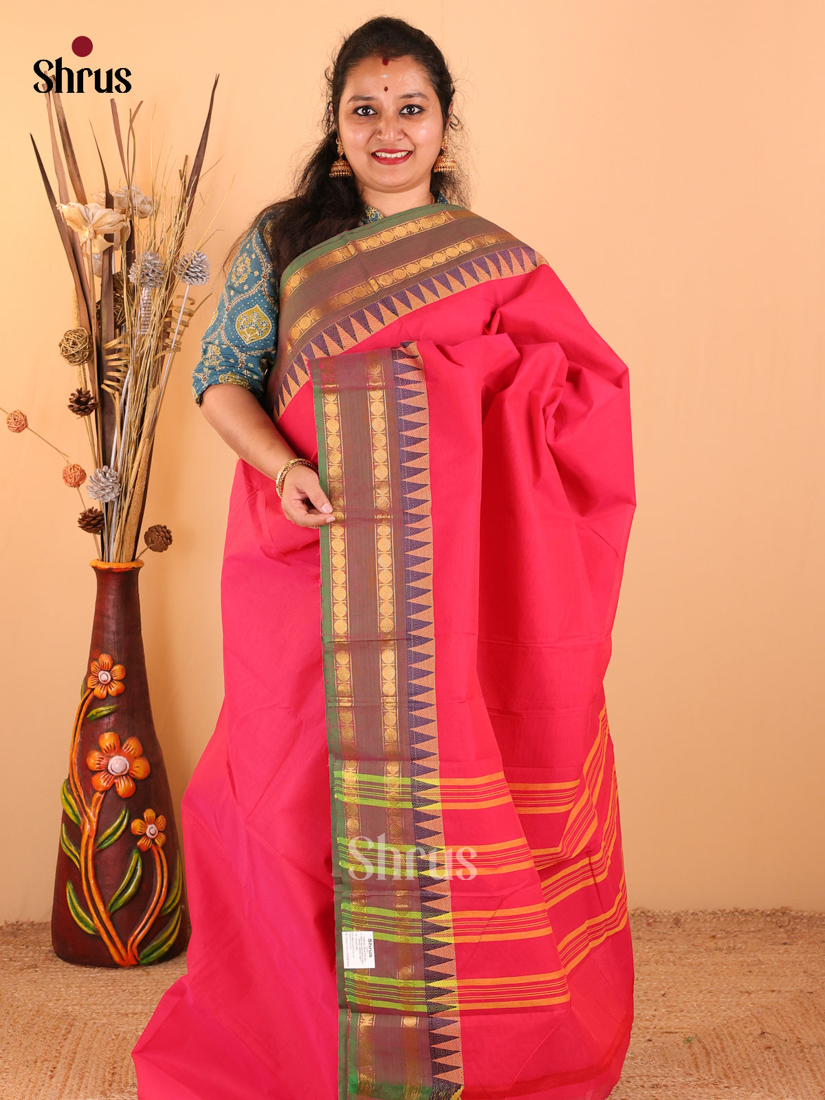 Rani pink with green - Chettinad Cotton saree - DDS09145 - Shop on Shrus.com