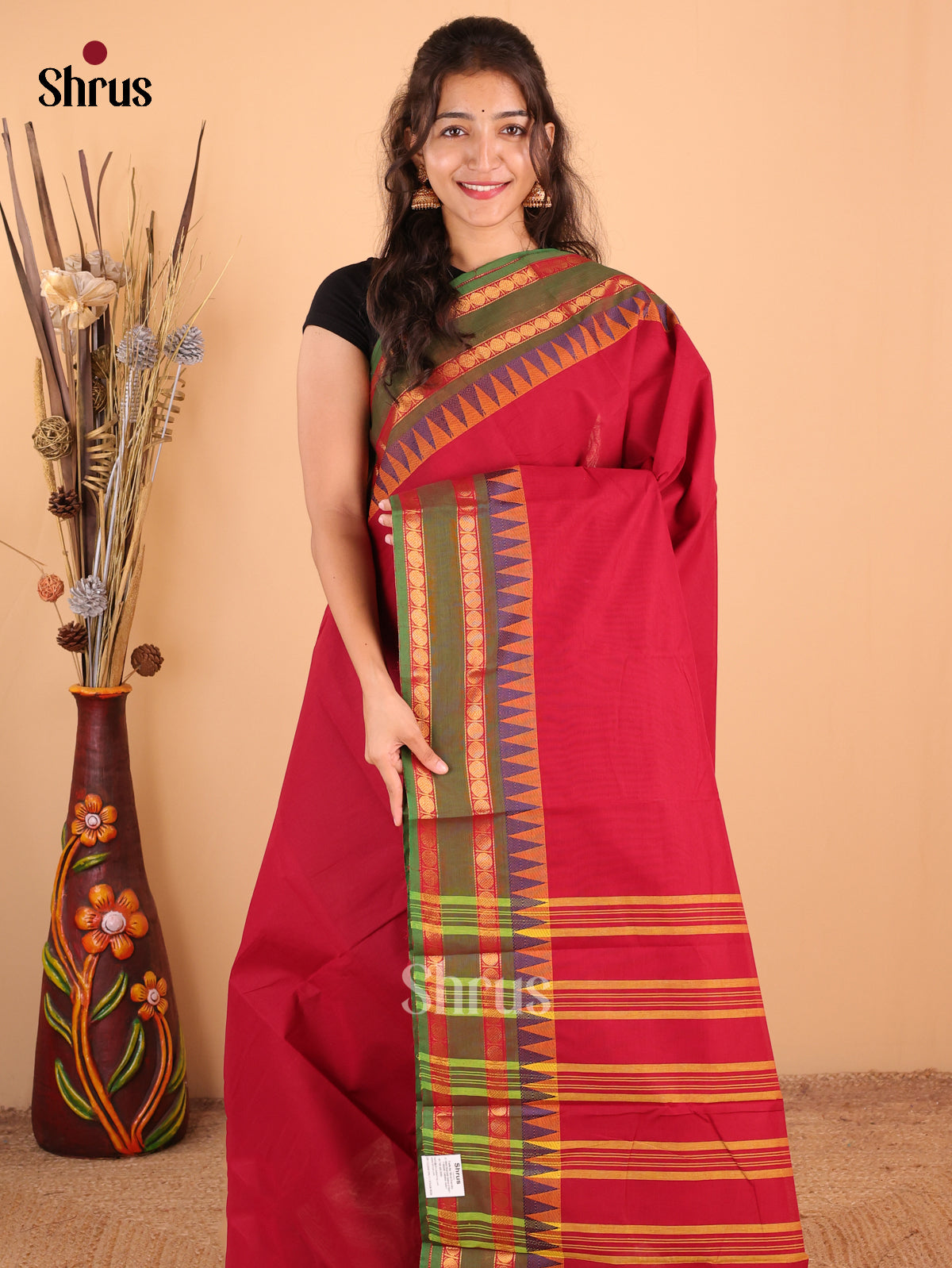 Dark Marron with Green - Chettinad Cotton Saree - DDS09146 - Shop on Shrus.com