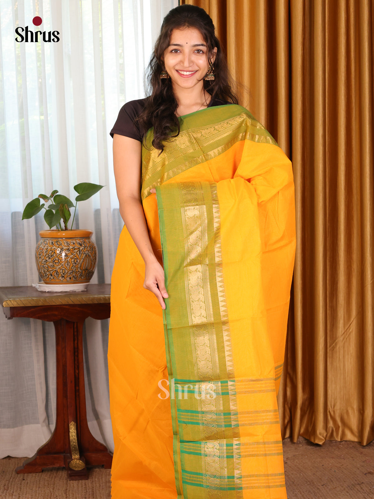 Bright yellow with Green - Chettinad Cotton Saree - DDS09149 - Shop on Shrus.com